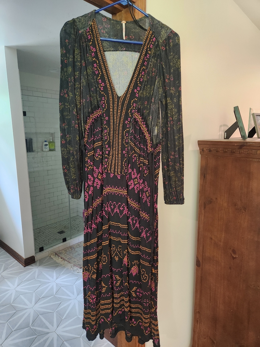 Free People Black Maxi Dress with Pink & Mustard Print